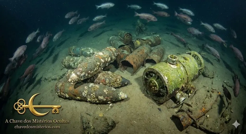 Fotografia subaquática mostrando munições militares antigas e corroídas, incluindo grandes projéteis e invólucros, repousando no leito marinho arenoso cercado por um cardume de peixes. No canto inferior esquerdo, há um logotipo dourado de uma chave com uma lua crescente e o texto "A Chave dos Mistérios Ocultos" e "chavedosmisterios.com".