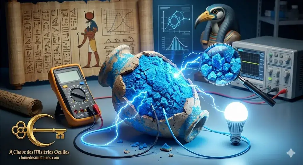 Experimento de laboratório onde um pigmento azul egípcio antigo em um vaso quebrado gera arcos elétricos azuis, acendendo uma lâmpada LED e conectado a um multímetro. Papiros com hieróglifos, uma estátua do deus Hórus e um osciloscópio compõem o cenário. O logotipo de "A Chave dos Mistérios Ocultos" está no canto inferior esquerdo.