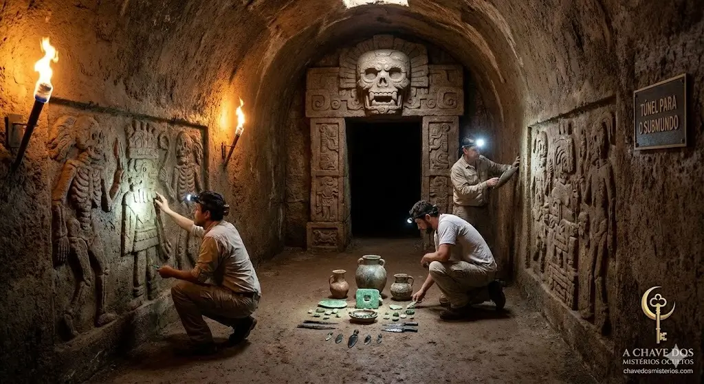 Arqueólogos exploram um túnel de pedra antigo sob Teotihuacán. As paredes estão cobertas com baixos-relevos de esqueletos e divindades. No chão de terra, há oferendas de cerâmica, jade e obsidiana. Um grande portal de pedra esculpido com uma caveira central leva a uma área escura, e uma placa na parede direita diz "TÚNEL PARA O SUBMUNDO". O logo "A Chave dos Mistérios Ocultos" está no canto inferior direito.