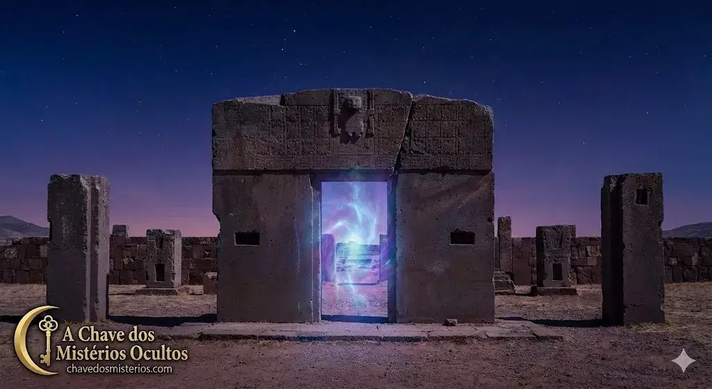 Fotografia artística da Porta do Sol em Tiahuanaco, Bolívia, durante a noite sob um céu estrelado, com um portal de energia cósmica em tons de azul e roxo brilhando em sua abertura central. O logotipo dourado de "A Chave dos Mistérios Ocultos" está no canto inferior esquerdo.