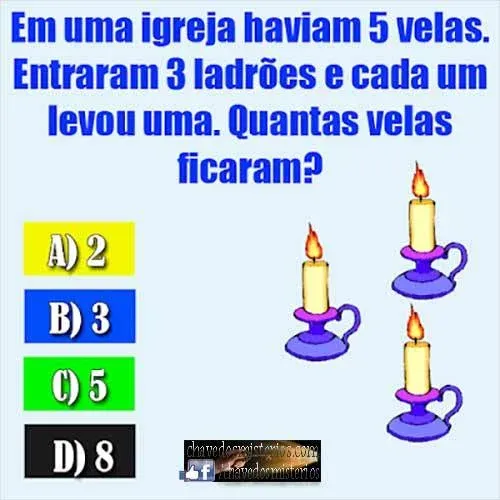 Em uma igreja haviam 5 velas. Entraram 3 ladrões e cada um levou uma. Quantas velas ficaram?