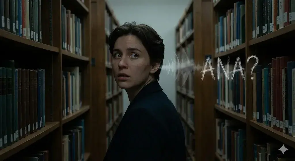 Mulher com expressão assustada em um corredor de biblioteca escuro, olhando por cima do ombro. Uma representação gráfica branca de ondas sonoras e a palavra "ANA?" escritas de forma rabiscada aparecem flutuando perto de seu ouvido, ilustrando uma alucinação auditiva.