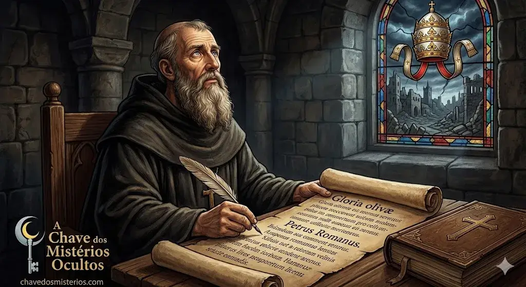 Ilustração de um monge idoso, São Malaquias, em uma cela de pedra, escrevendo em um pergaminho com os textos "Gloria olivæ" e "Petrus Romanus". Ele olha para um vitral que mostra uma tiara papal sobre uma cidade em ruínas. O logotipo de "A Chave dos Mistérios Ocultos" está no canto inferior esquerdo.