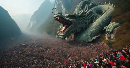 Milhares de pessoas ouvem um dragão rosnar em uma montanha na China
