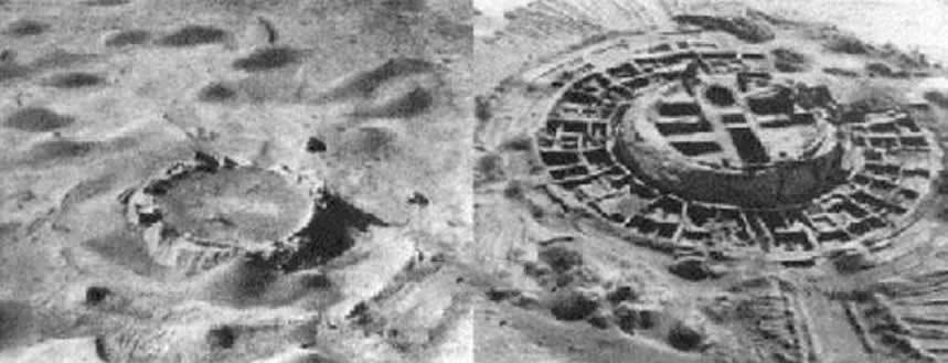 Esquerda: Antiga fortaleza Koy-Krylgan-kala no Uzbequistão, semelhante a uma cratera de impacto em uma foto aérea. Direita: Quando foi escavado, foi confirmado que se tratava de uma estrutura artificial (1956).