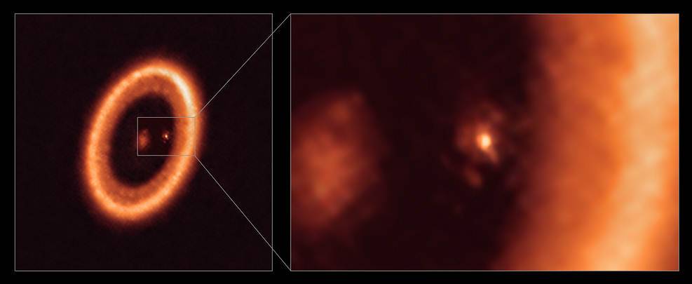 Visualizações de campo amplo e ampliação de um disco em formação de lua visto com o satélite alma.