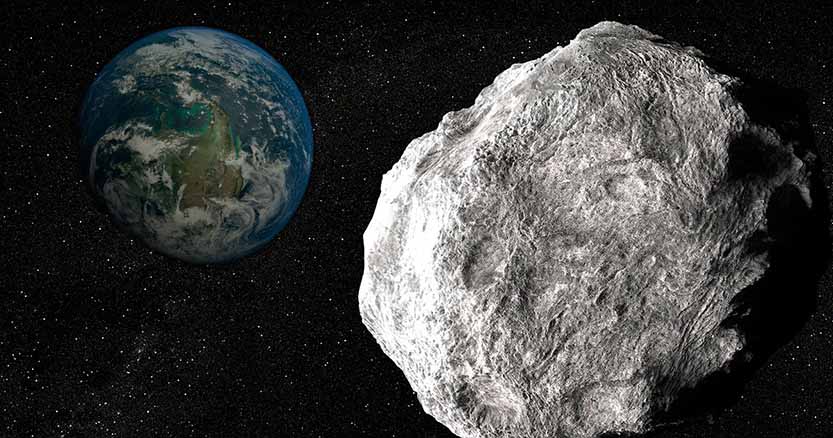Impressão artística de uma enorme rocha espacial se aproximando da Terra
