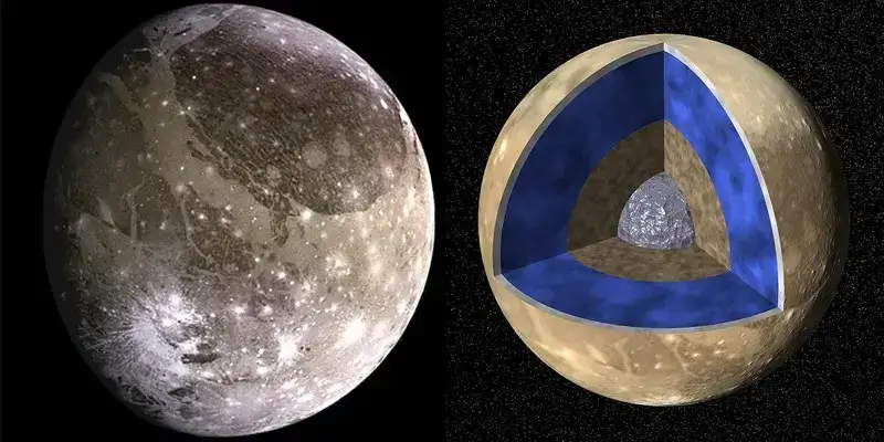 Ganimedes é a maior lua de Júpiter e é a maior em nosso sistema solar, com um diâmetro de 5.262 km