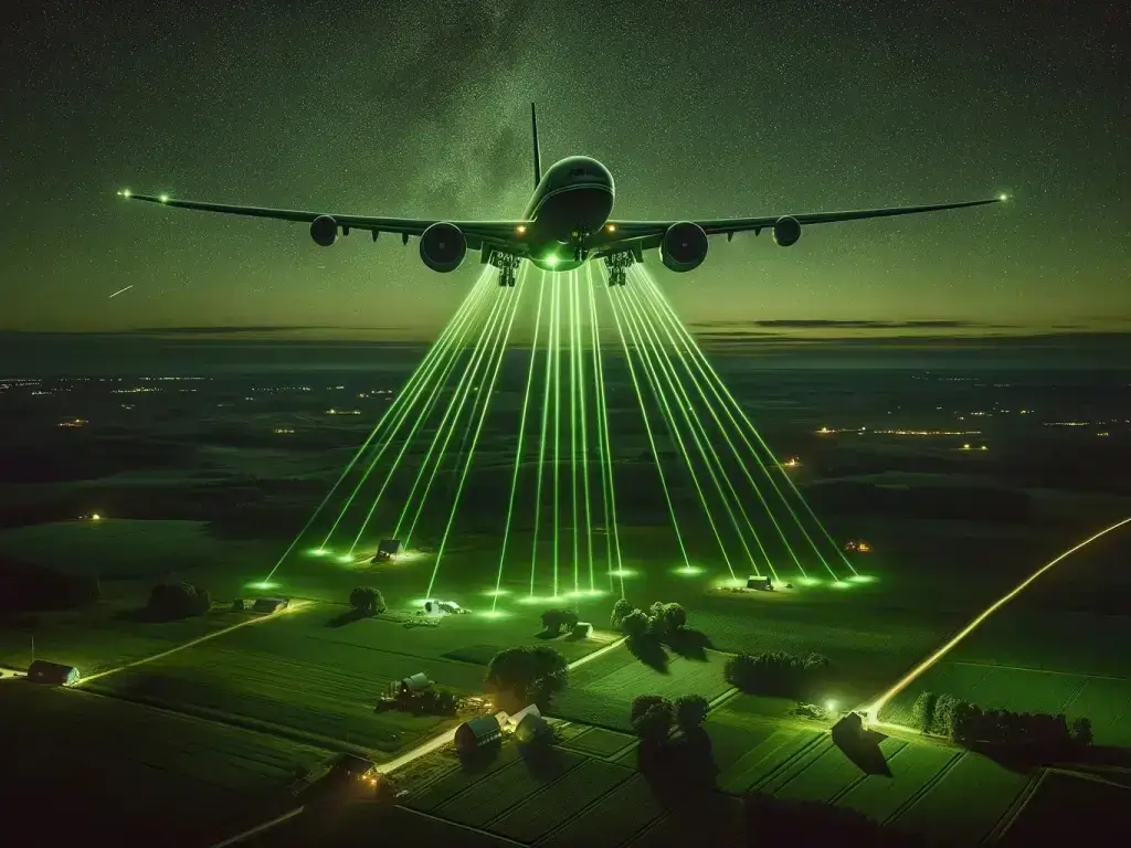 avião com scanner escaneando cidade com lasers verdes