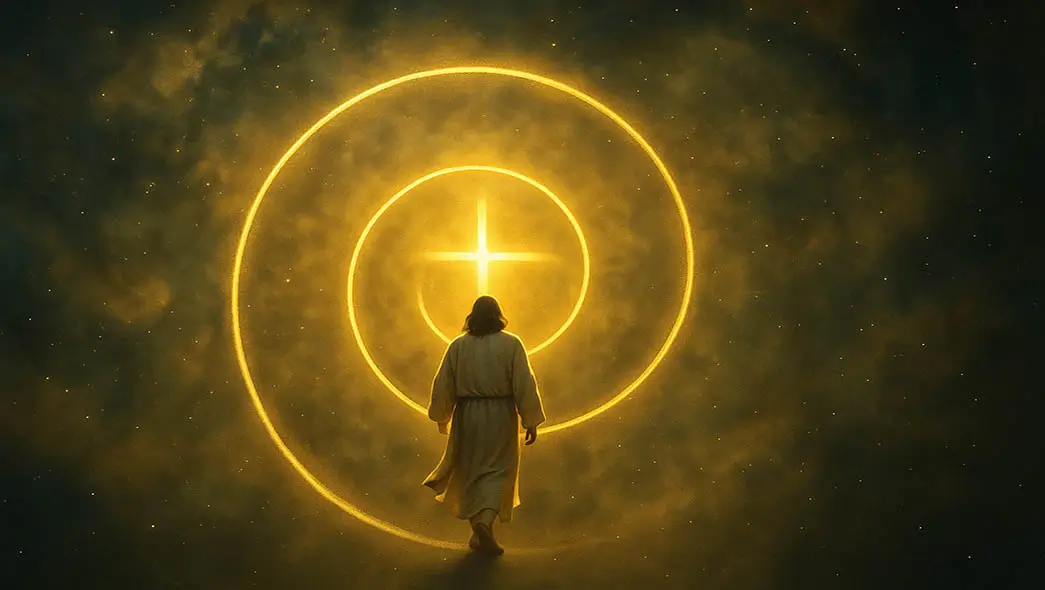 Jesus caminhando e direção de uma cruz cosmica