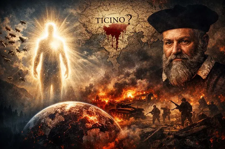 Assassinato profético e a promessa do 'homem de luz' Entenda as previsões de Nostradamus para 2026: "enxame de abelhas", sangue no Ticino e o risco de conflito global — análise histórica e interpretação moderna.