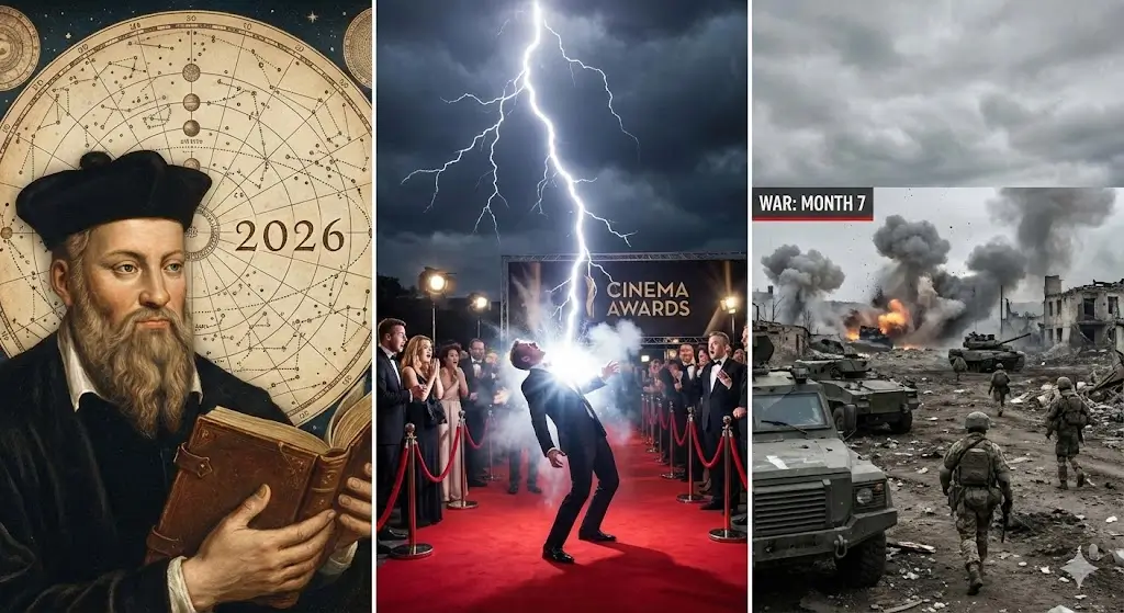Tríptico ilustrando as previsões de Nostradamus para 2026: à esquerda, retrato do astrólogo com um mapa estelar antigo; ao centro, um homem sendo atingido por um raio em um tapete vermelho; à direita, uma zona de guerra com soldados e explosões.