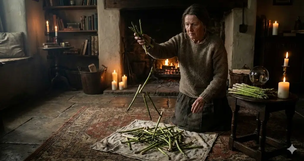 Vidente Asparamancer Jemima Packington com expressão intensa, prevendo o futuro para 2026 usando aspargos dispostos sobre uma toalha com símbolos ocultos e uma coroa.