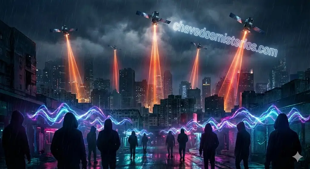 Ilustração cyberpunk sombria mostrando satélites emitindo feixes de controle mental laranja sobre uma cidade chuvosa, enquanto figuras encapuzadas emitem ondas de energia psicotrônica azul e roxa de suas cabeças, com a marca chavedosmisterios.com no céu.