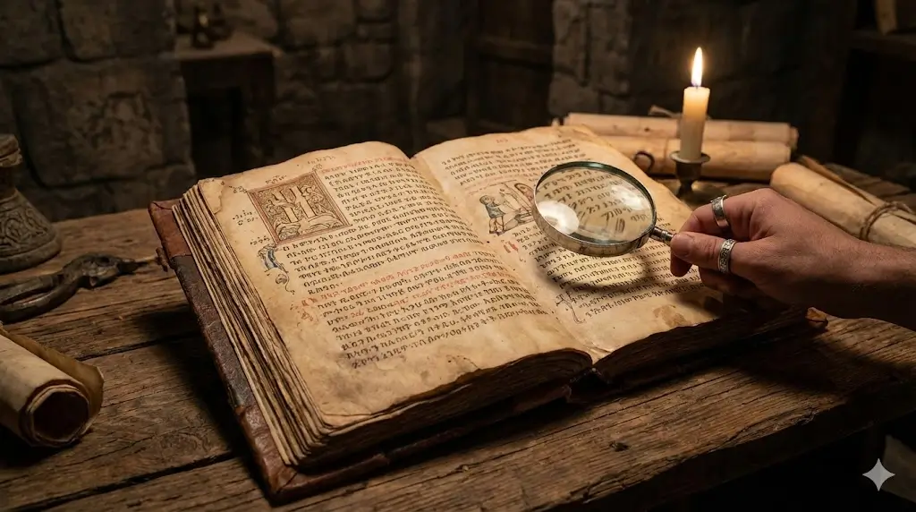 Manuscrito sagrado da Bíblia Etíope aberto sendo analisado com uma lupa em ambiente misterioso à luz de velas.