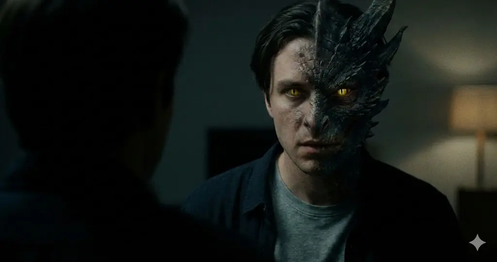 Visão em primeira pessoa de um rosto humano se transformando em um dragão com escamas e olhos amarelos.