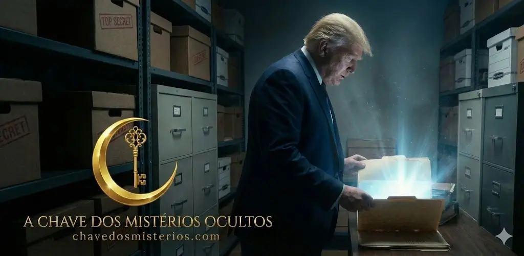Presidente Donald Trump em uma sala de arquivos escuros, abrindo uma pasta confidencial que emite uma luz brilhante e misteriosa. No canto inferior esquerdo, está o logotipo dourado do portal A Chave dos Mistérios Ocultos.