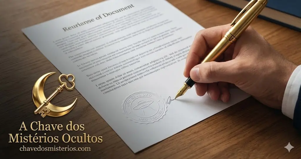 Representação artística de uma mão assinando um decreto oficial com selo de disco voador em uma mesa de mogno, apresentando o logotipo dourado de A Chave dos Mistérios Ocultos no canto inferior esquerdo.