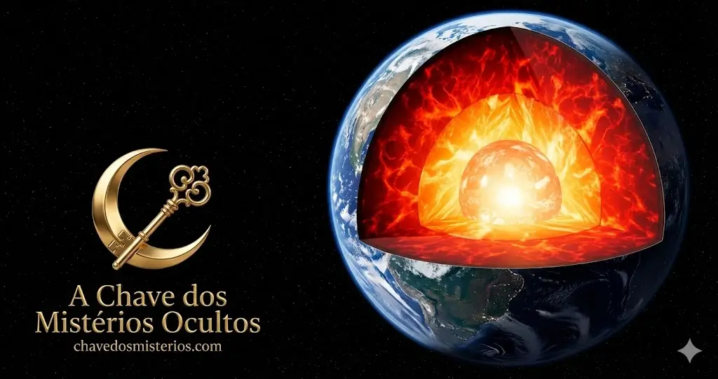 Representação em corte transversal do planeta Terra mostrando o núcleo interno incandescente e as camadas do manto, com o logotipo dourado de A Chave dos Mistérios Ocultos no canto inferior esquerdo.