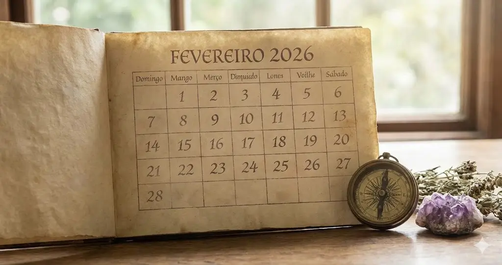 Calendário vintage de Fevereiro de 2026 em um livro antigo, mostrando o layout de mês perfeito com 28 dias, bússola dourada e cristal ametista sobre mesa de madeira.