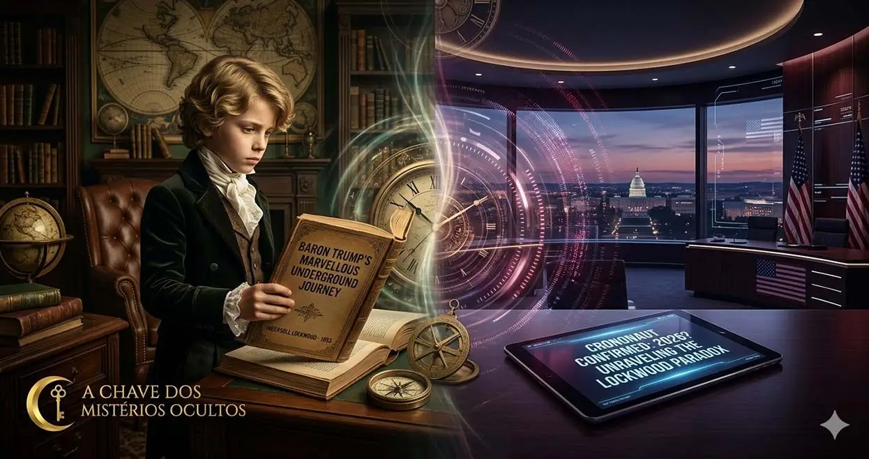 Montagem cinemática dividida: à esquerda, um jovem aristocrata do século XIX lê o livro Baron Trump em uma biblioteca antiga; à direita, um escritório moderno em 2026 com um tablet exibindo "Crononaut Confirmed"; ao centro, um portal de relógios e luzes conectando as duas eras; logotipo dourado de A Chave dos Mistérios Ocultos no canto inferior.