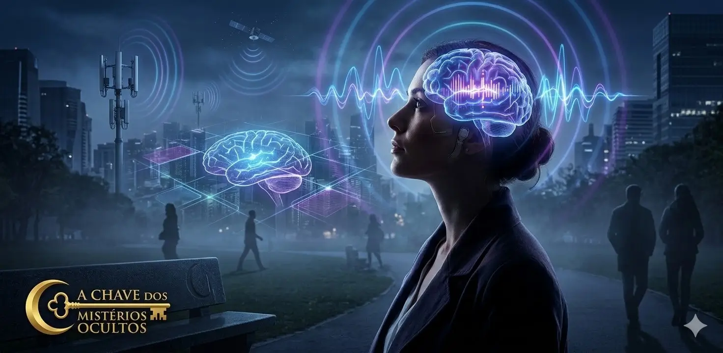 Perfil de uma mulher com ondas cerebrais holográficas sendo manipuladas por frequências de torres 6G e satélites em uma cidade ao anoitecer; logotipo dourado de A Chave dos Mistérios Ocultos no canto inferior esquerdo.