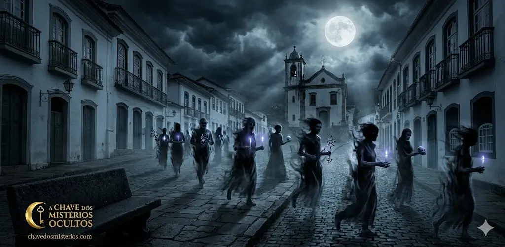 Uma procissão de figuras espectrais sombrias segurando tochas de luz roxa brilhante caminhando por uma rua de paralelepípedos colonial à noite, sob a lua cheia. Ao fundo, uma igreja barroca histórica. Logotipo "A Chave dos Mistérios Ocultos" no canto inferior esquerdo.