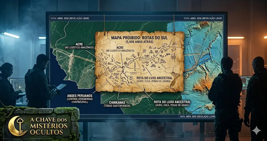 Sala de investigação noturna com monitores LiDAR do Acre e Andes e um mapa antigo de pergaminho sobreposto intitulado 'MAPA PROIBIDO: ROTAS DO SUL (5.000 ANOS ATRÁS)'. Silhuetas de operativos com equipamento tático observam.