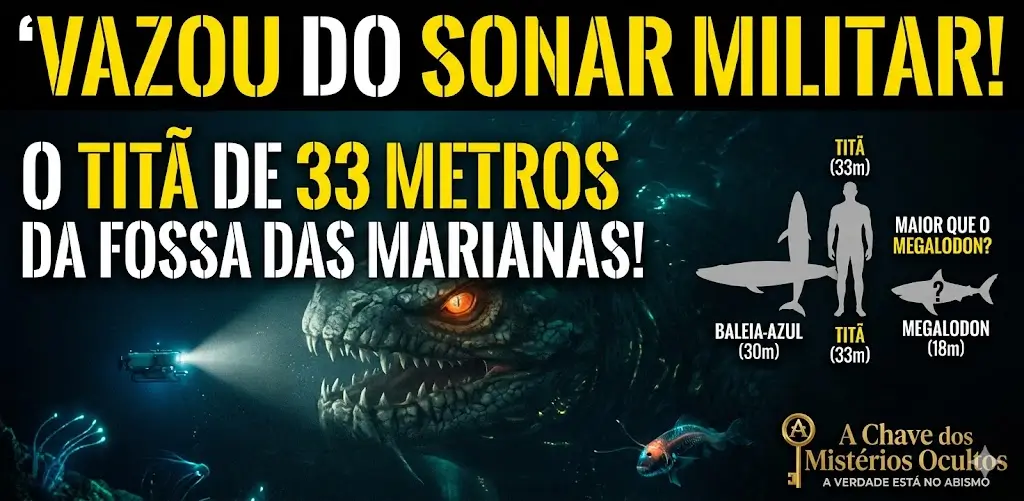 Capa sensacionalista de post 1280x630 para o portal com a manchete em letras grandes e amarelas 'VAZOU DO SONAR MILITAR!' e uma criatura abissal gigante ao fundo.