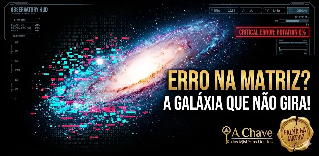 Uma capa de destaque para o portal A Chave dos Mistérios Ocultos. No espaço profundo, uma gigantesca galáxia espiral aparece estática, com metade de sua estrutura sofrendo um efeito de glitch digital e pixelização neon (ciano e vermelho), revelando linhas de código binário ao fundo. Sobreposto, um HUD de telescópio científico exibe um alerta piscando: "CRITICAL ERROR: ROTATION 0%". No canto esquerdo, um selo dourado de cera traz o texto "FALHA NA MATRIZ".