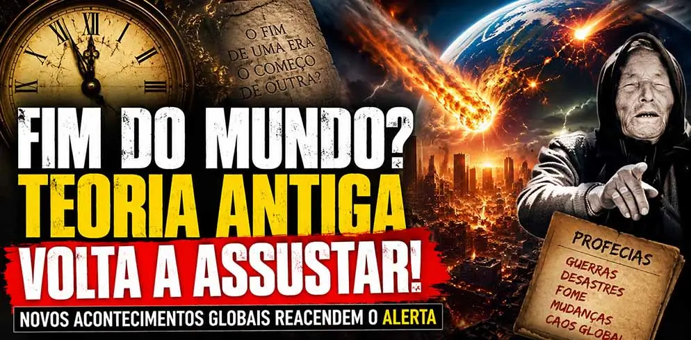 Montagem ilustrativa sobre teorias do fim do mundo mostrando relógio antigo, profecias, impacto de meteoro e acontecimentos globais que reacenderam debates apocalípticos.