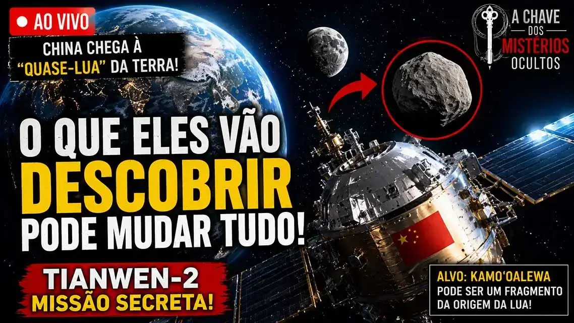 Capa ilustrativa mostra a missão chinesa Tianwen-2 rumo ao asteroide Kamoʻoalewa, conhecido como a quase-lua da Terra.