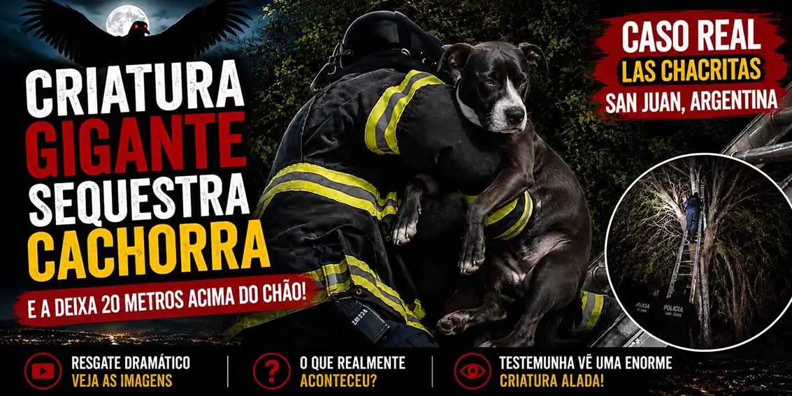Capa ilustrativa mostra uma criatura alada gigante, a cadela Perreta sendo resgatada e referências ao misterioso caso ocorrido em Las Chacritas, Argentina.