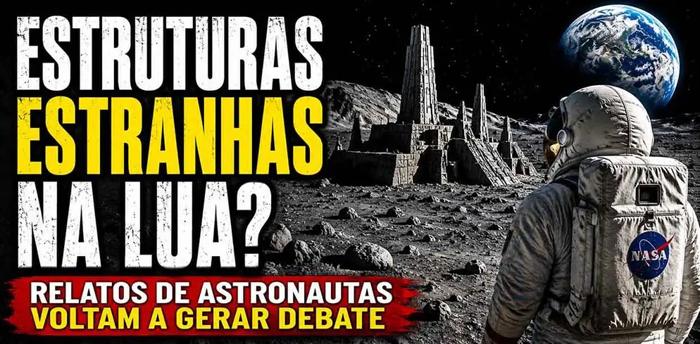 Montagem ilustrativa mostra um astronauta observando estruturas gigantes na superfície da Lua enquanto relatos de anomalias lunares voltam a gerar debates.