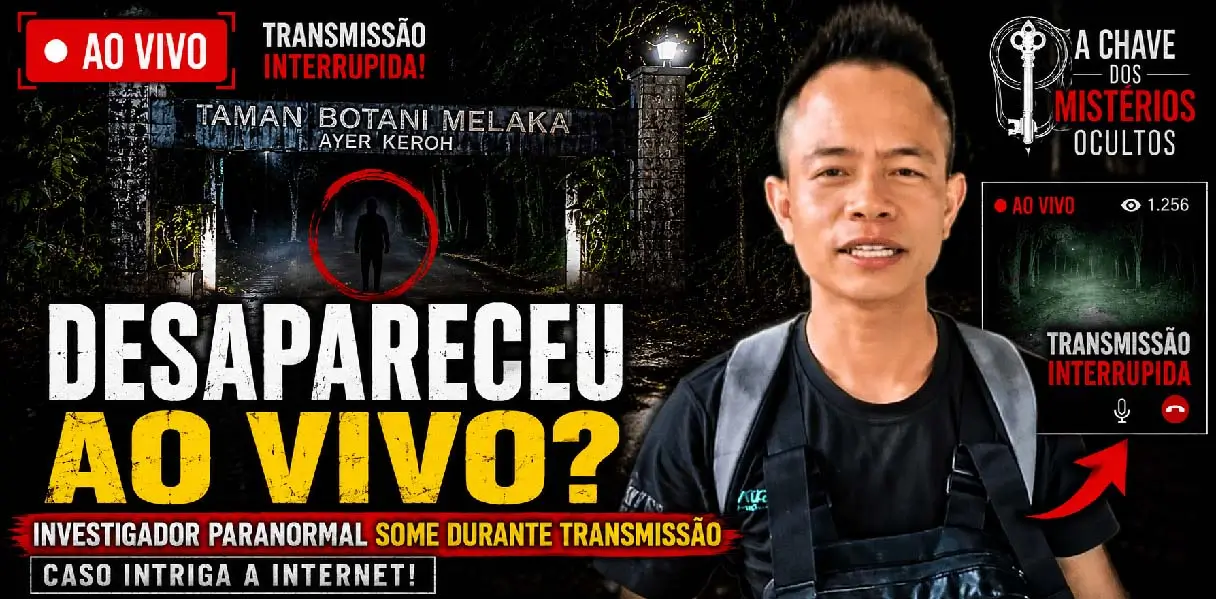 Arte ilustrativa destaca o desaparecimento de um investigador paranormal durante transmissão ao vivo realizada em Melaka, na Malásia.