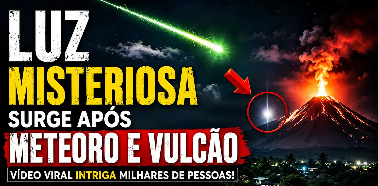 Montagem ilustrativa mostra meteoro verde, vulcão em erupção e luz misteriosa surgindo próxima à montanha.