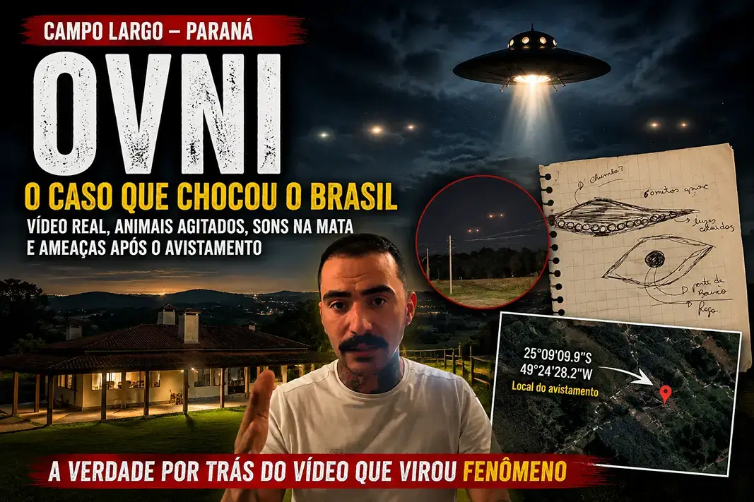 Montagem ilustrando o caso do suposto OVNI de Campo Largo, com Mayk Leão, o desenho do objeto, o local do avistamento e uma representação artística de um disco voador.