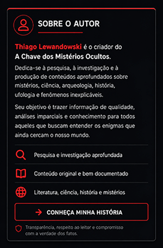 Widget "Sobre o Autor" do A Chave dos Mistérios Ocultos apresentando Thiago Lewandowski, criador do site e pesquisador dedicado à produção de conteúdos sobre mistérios, ciência, arqueologia, história, ufologia e fenômenos inexplicáveis.